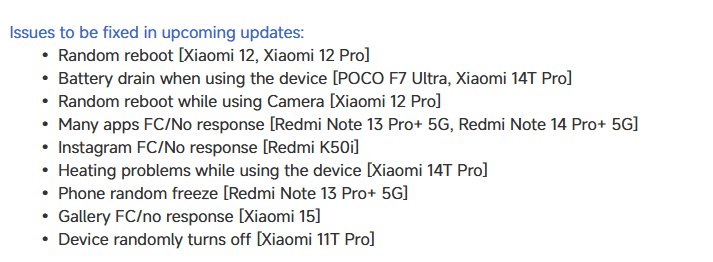 Xiaomi hyperos bug fix update