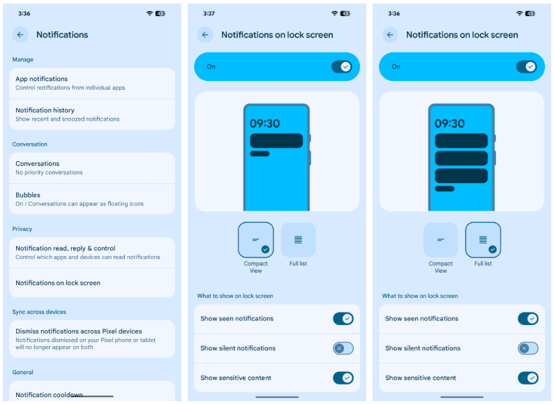 notifications list on Android 16