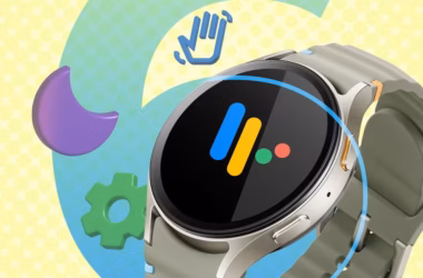 a smartwatch with the wear os logo and some icons beside it